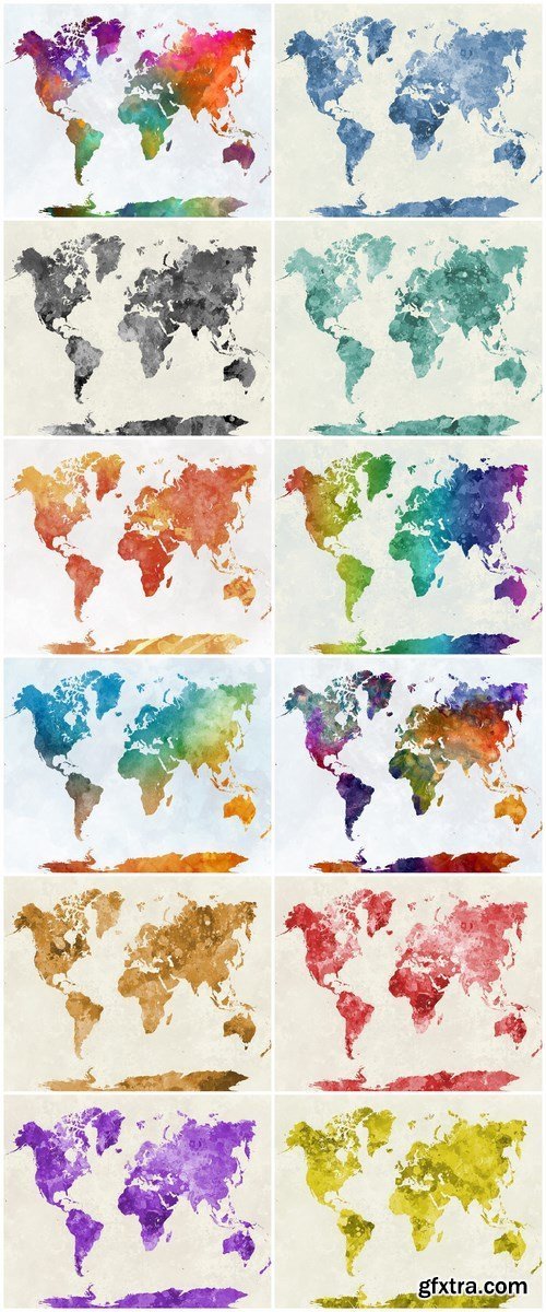 World map in watercolor rainbow - Set of 12xUHQ JPEG Professional Stock Images
