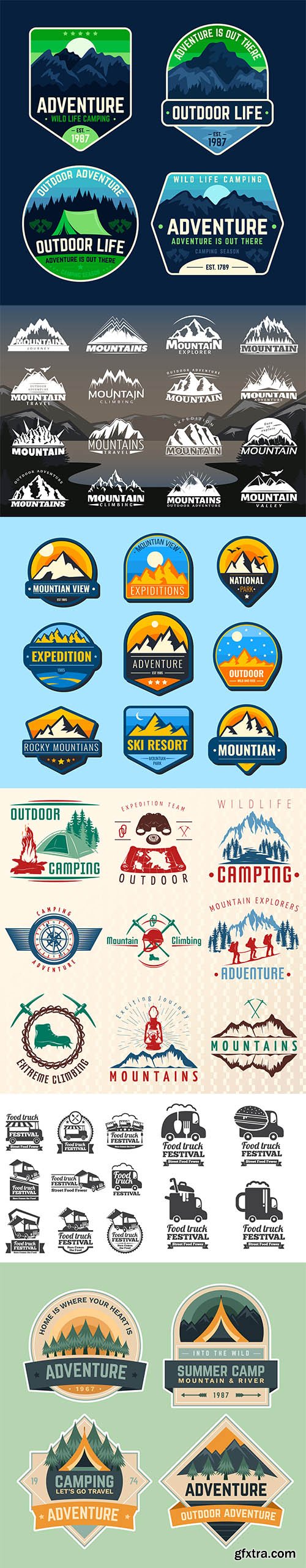 Mountains flat labels and food truck set 