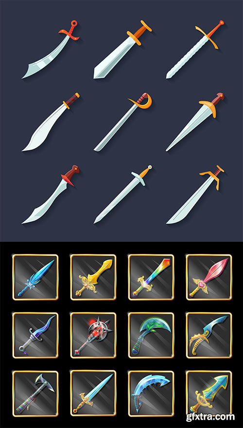 Knives, daggers, sharp blades flat icon set