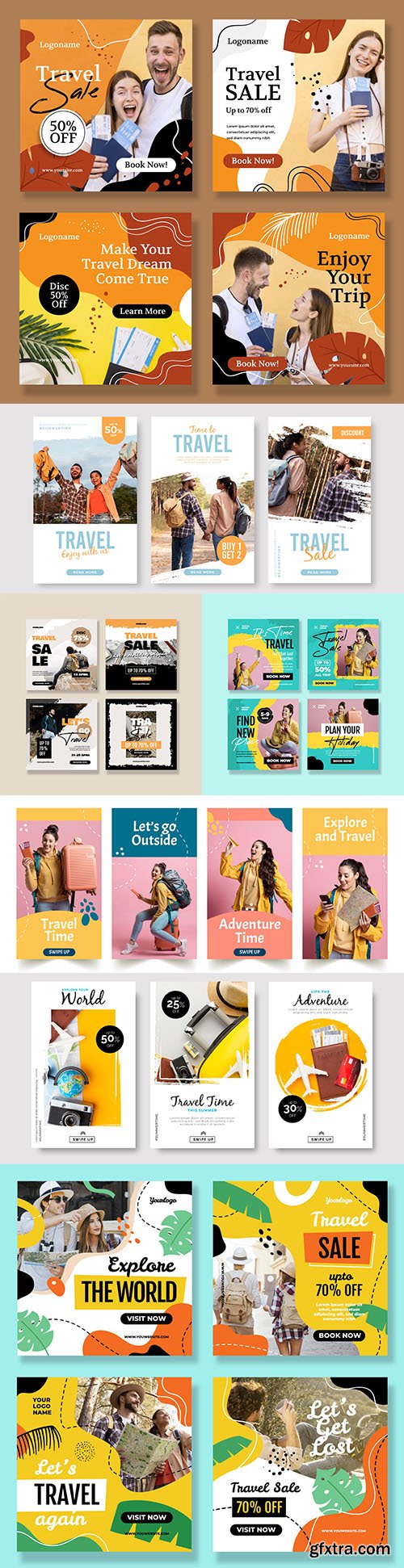 Travel story posts instagram design with brush strokes
