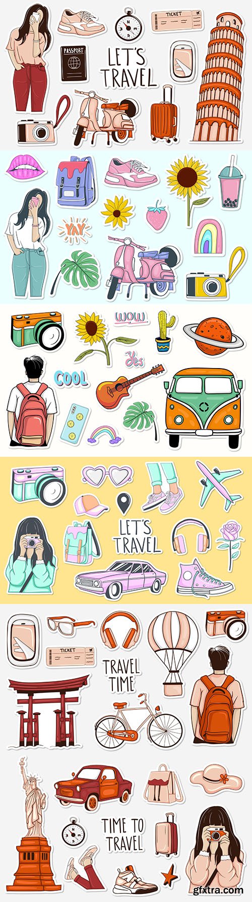 Tourism and recreation collection of colorful painted stickers

