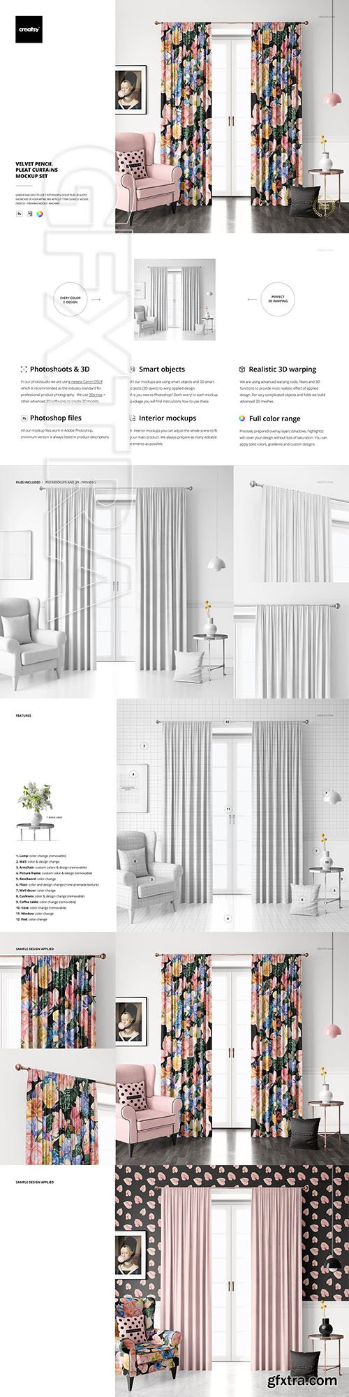 CreativeMarket - Velvet Pencil Pleat Curtains Mockup 5916910