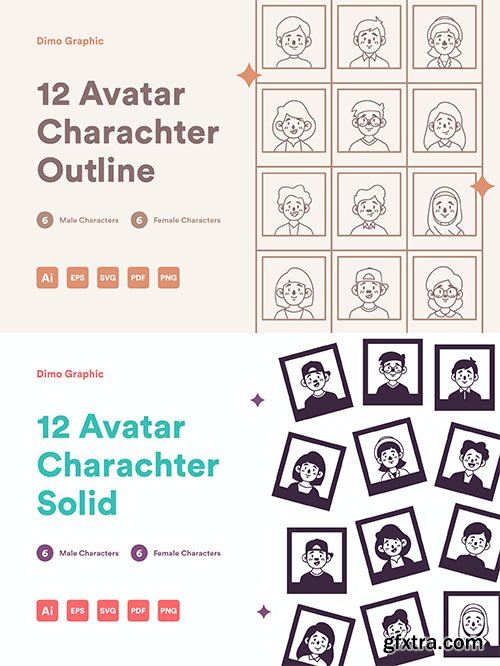 12 Avatar Icon Solid UZ and 12 avatar character outline