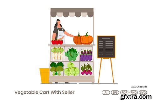 Vegetables Cart With Seller Illustration 