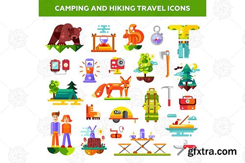 Camping and hiking travel icons
