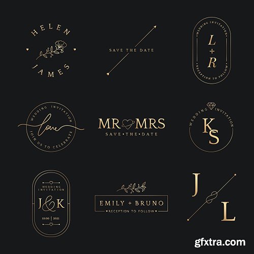 Luxury wedding invitation badges vector in metallic gold 