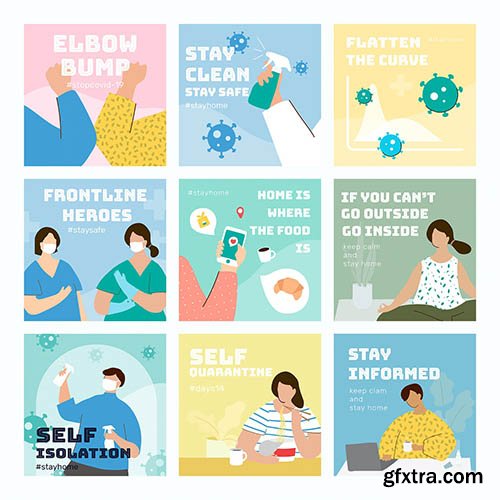 Coronavirus prevention social post set vector 