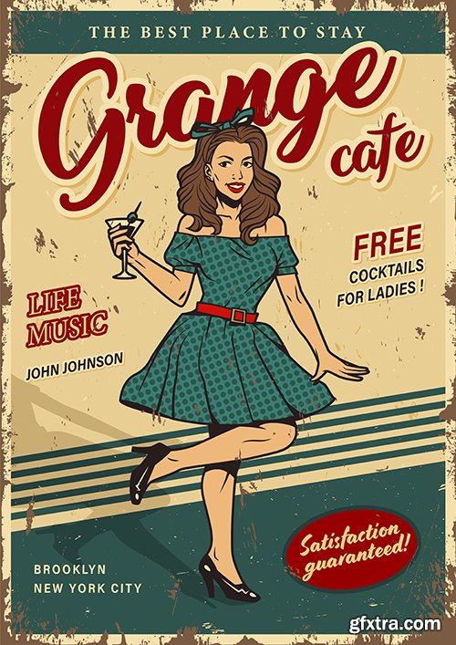 Retro party colorful poster with pin up girl