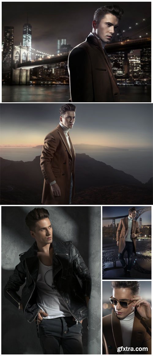 Young man on the background of the night city stock photo Young man on the background of the night city stock photo