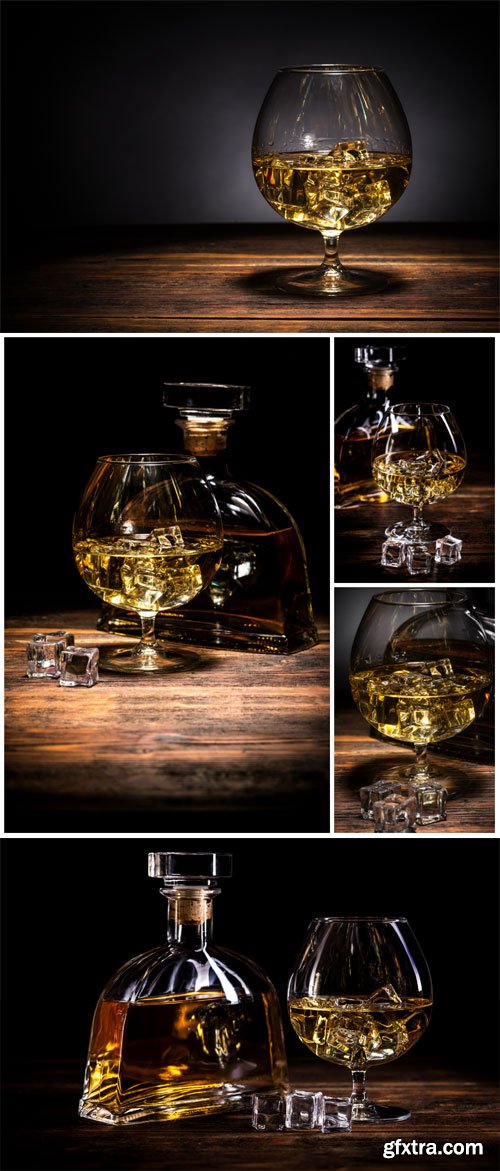 Bottle and glass with cognac, alcoholic drink stock photo
