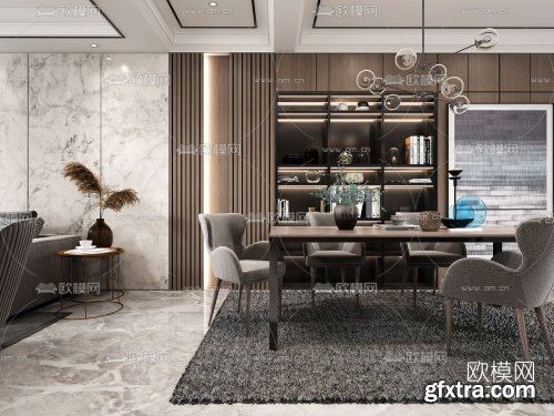Modern light luxury living room dining room 3d model 