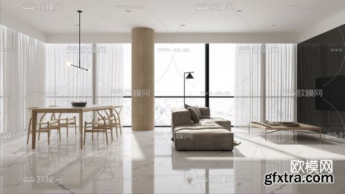 Modern minimalist living room dining room 3d model 892740