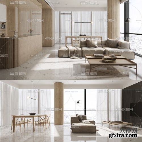 Modern minimalist living room dining room 3d model 892740