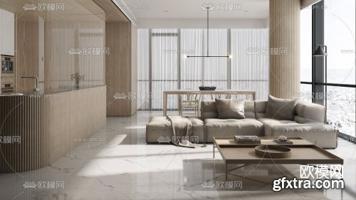 Modern minimalist living room dining room 3d model 892740