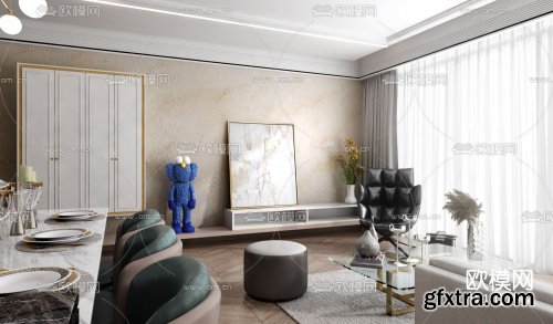 Two-three design modern light luxury living room dining room 3d model 1017114