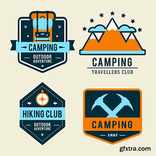 Camping flat set with hiking equipment outdoors badge