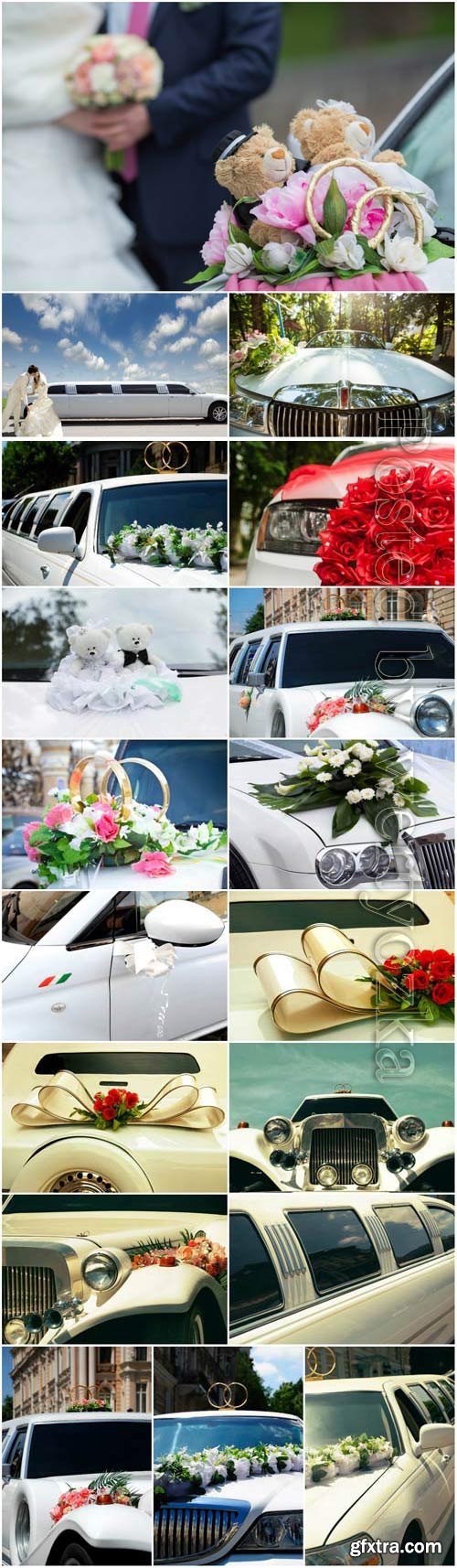 Decorated wedding cars, bride and groom stock photo