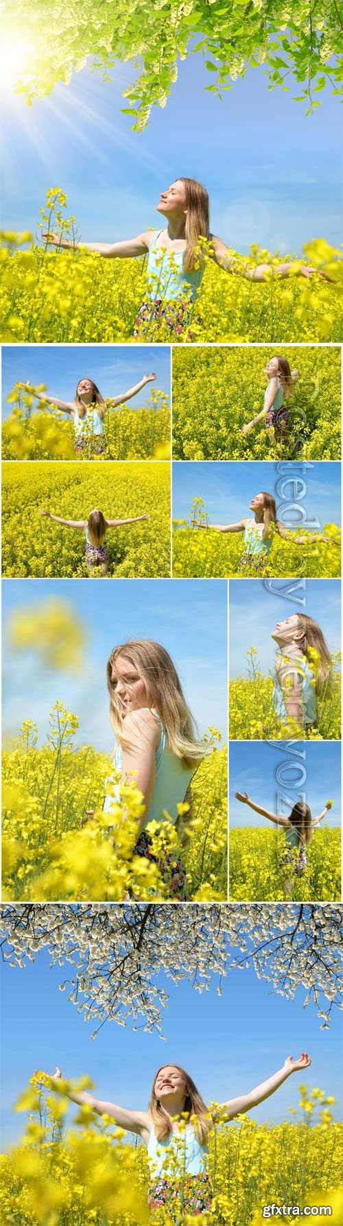 Girl in a field with yellow flowers stock photo