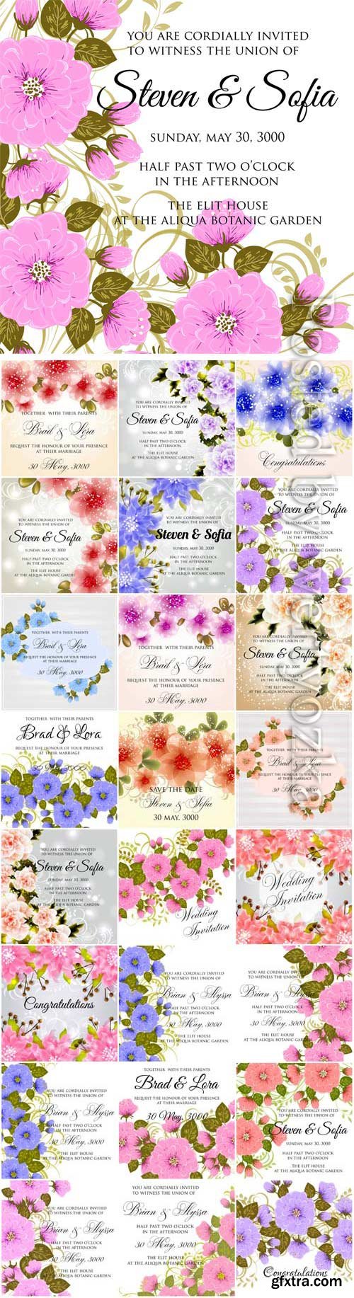 Floral wedding invitation cards in vector