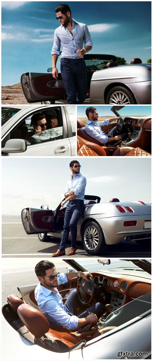 Young man driving a car stock photo
