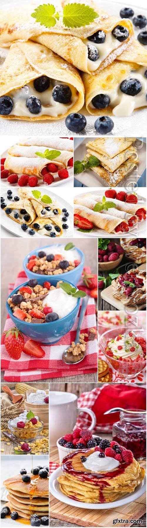 Pancakes with fruits and berries, healthy breakfast stock photo Pancakes with fruits and berries, healthy breakfast stock photo