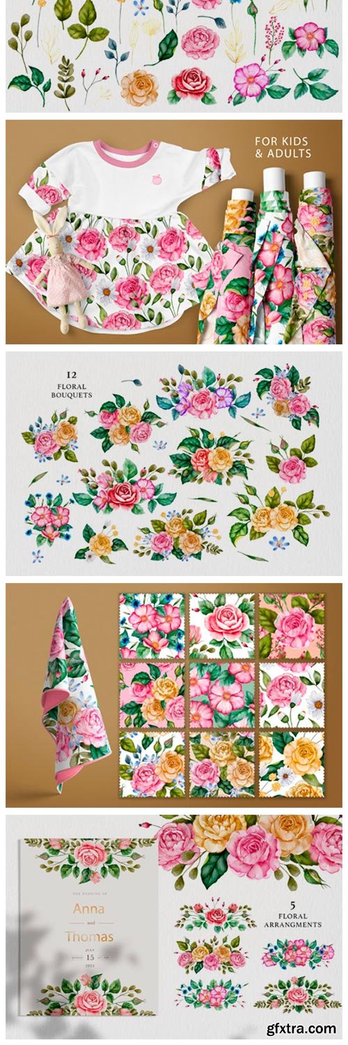 Watercolor Flowers & Golden Alphabet 11531421 Watercolor Flowers & Golden Alphabet 11531421