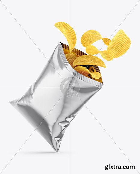 Opened Metallic Bag With Riffled Potato Chips Mockup 82733