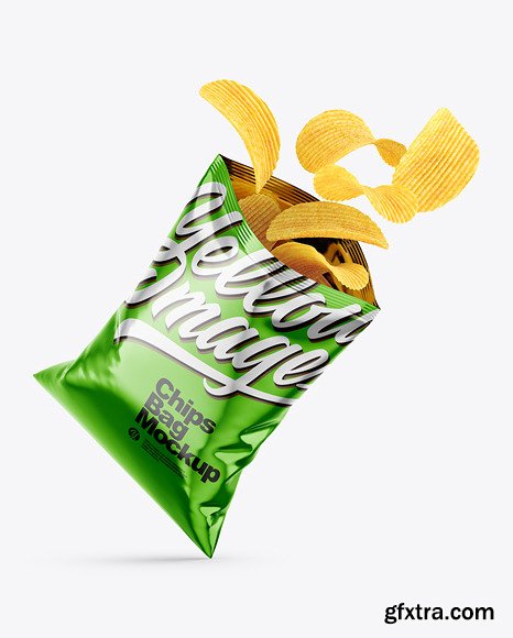Opened Metallic Bag With Riffled Potato Chips Mockup 82733