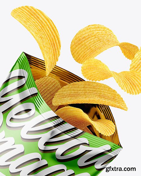 Opened Metallic Bag With Riffled Potato Chips Mockup 82733
