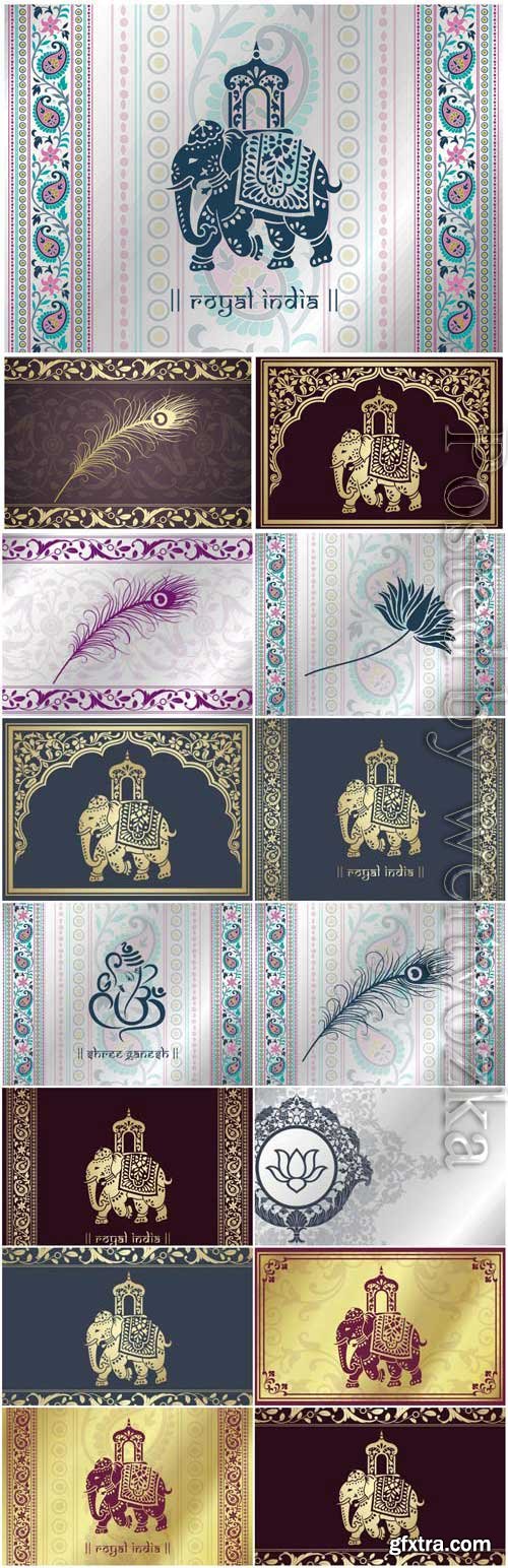 Indian backgrounds with patterns and elephants in vector Indian backgrounds with patterns and elephants in vector