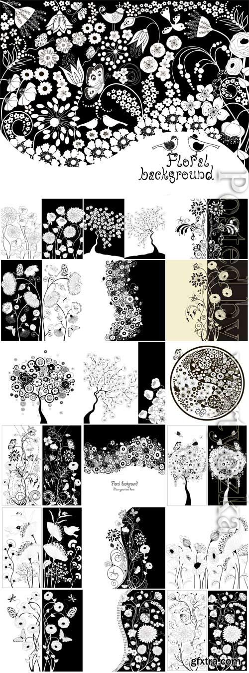 Flowers and birds in black and white style in vector Flowers and birds in black and white style in vector