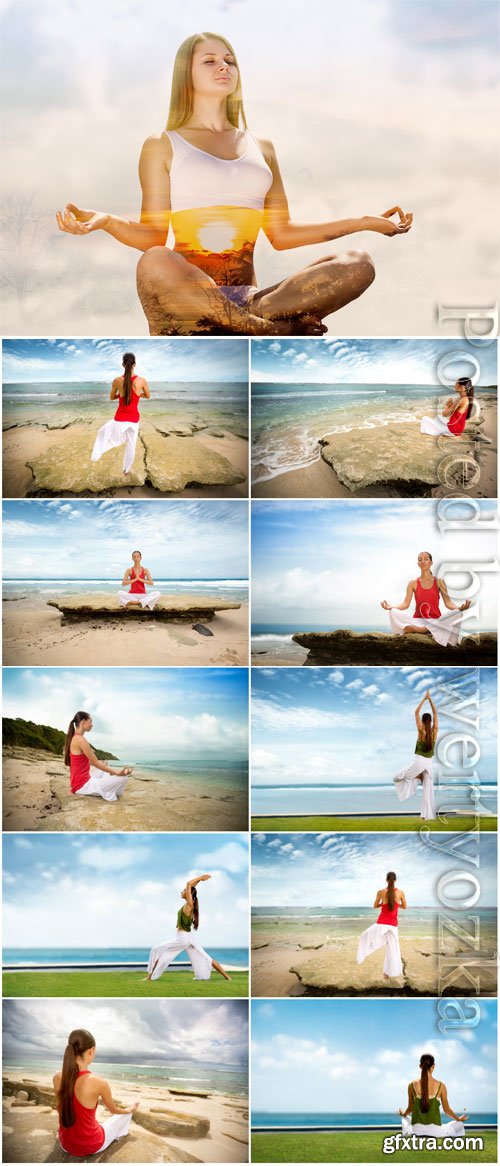 Yoga class by the sea stock photo Yoga class by the sea stock photo