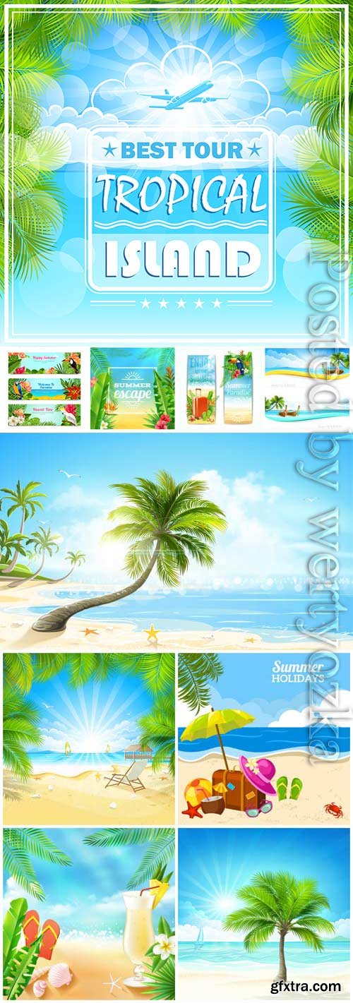 Summer vacation, sea, palm trees, cocktails in vector vol 7