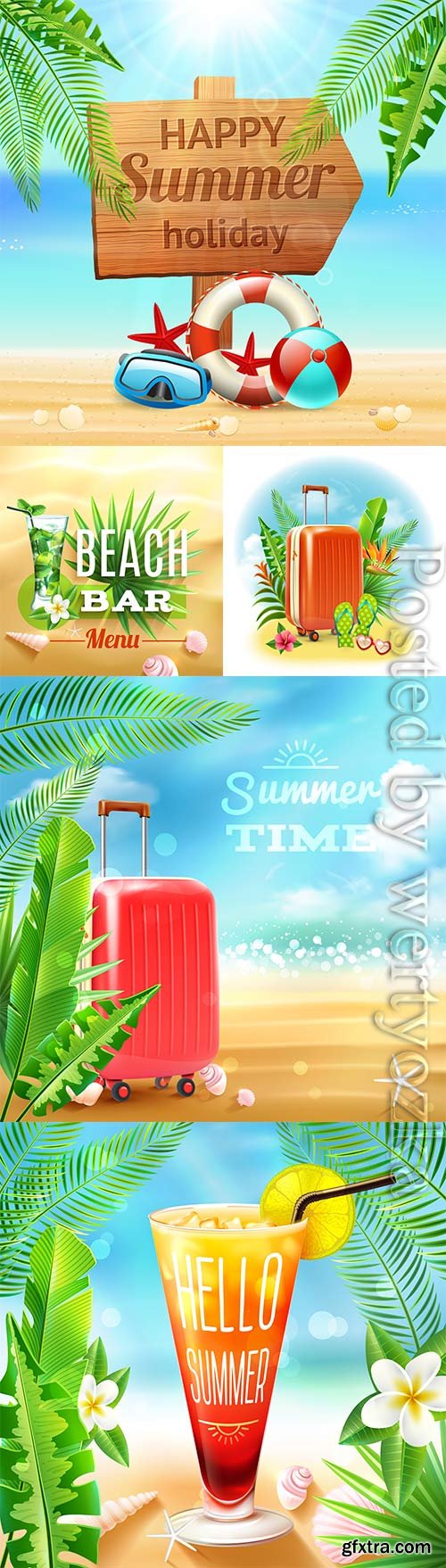 Summer vacation, sea, palm trees, cocktails in vector vol 6