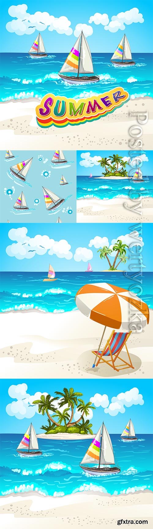 Summer vacation, sea, palm trees, cocktails in vector vol 9