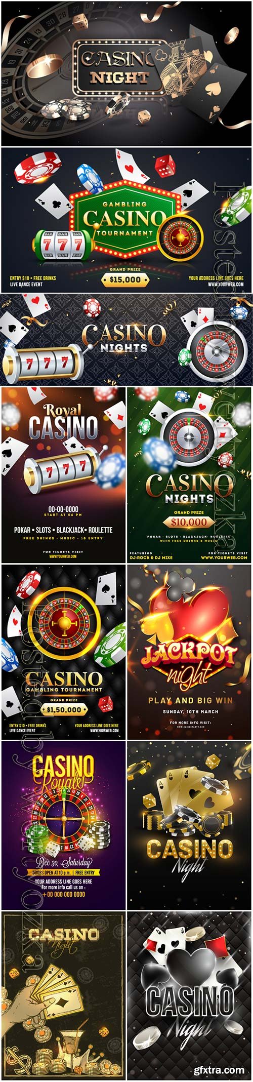 Advertising poster design, Casino Night text with casino chips, coins and playing cards illustration Advertising poster design, Casino Night text with casino chips, coins and playing cards illustration