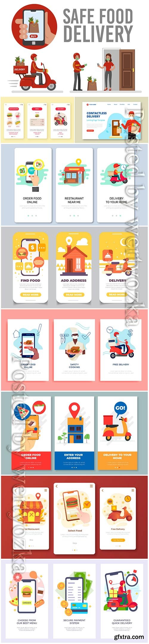 Food delivery app onboarding screens vector