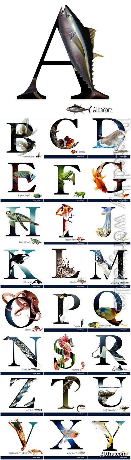 Alphabet with marine life in vector Alphabet with marine life in vector
