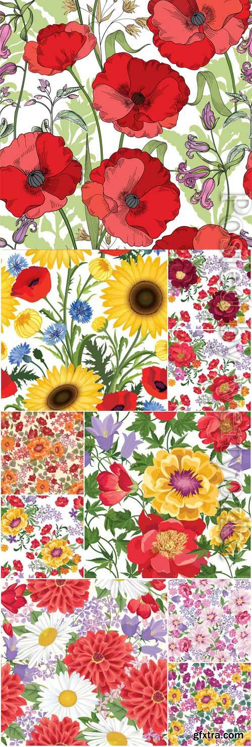 Floral seamless backgrounds, poppies, sunflowers in vector Floral seamless backgrounds, poppies, sunflowers in vector