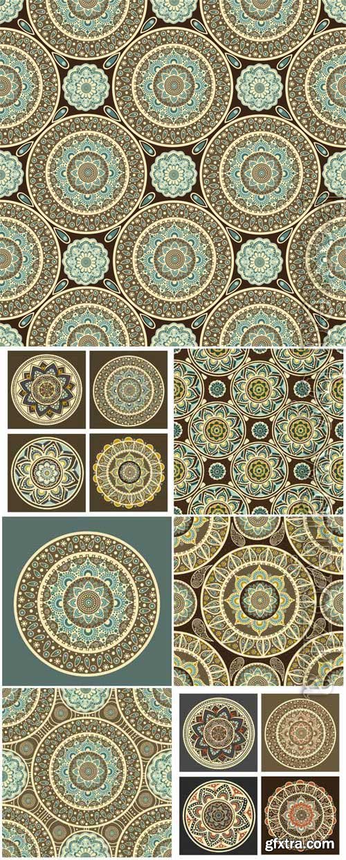 Seamless backgrounds with circles and patterns in vector