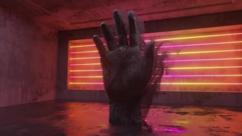 Videohive - A Stone Human Hand Emitting Millions of Particle Streams in a Future Scifi Room with Modern Neon - 32479905 - 32479905