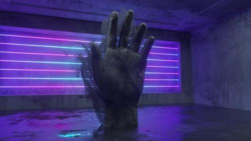 Videohive - A Stone Human Hand Emitting Millions of Particle Streams in a Future Scifi Room with Modern Neon - 32479917 - 32479917