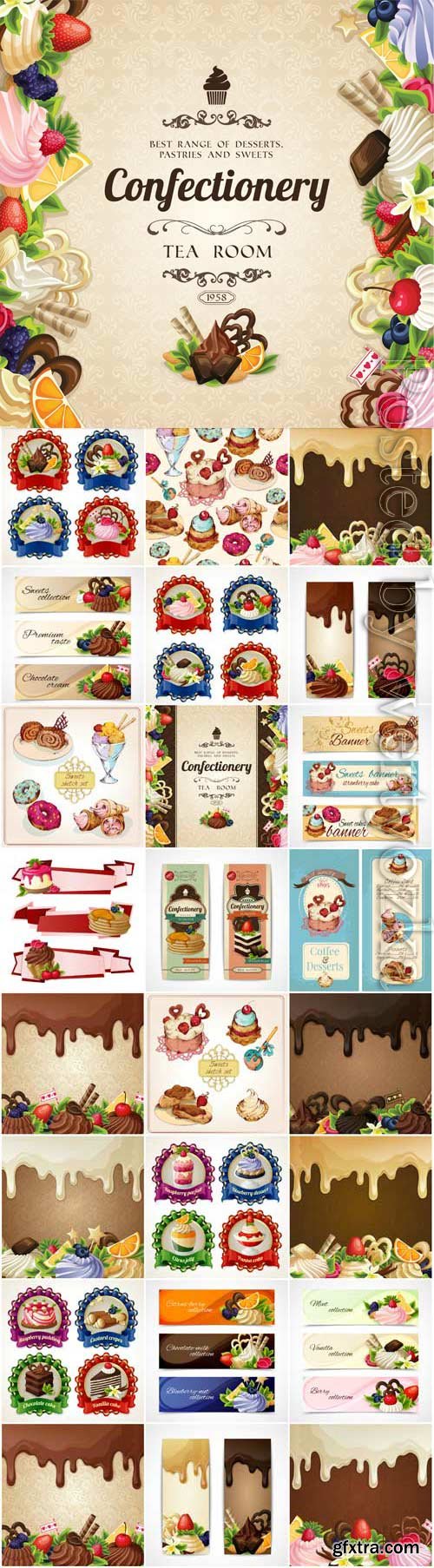 Backgrounds and banners with sweets, labels in vector