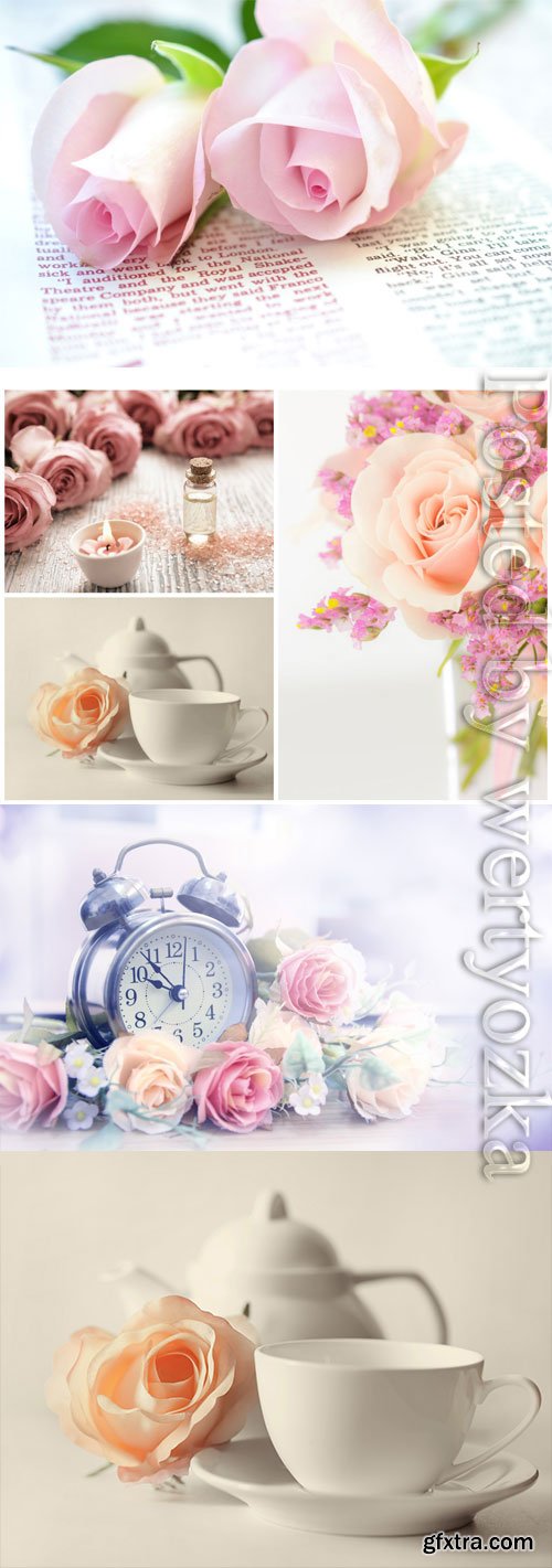 Romantic backgrounds with clocks and roses stock photo