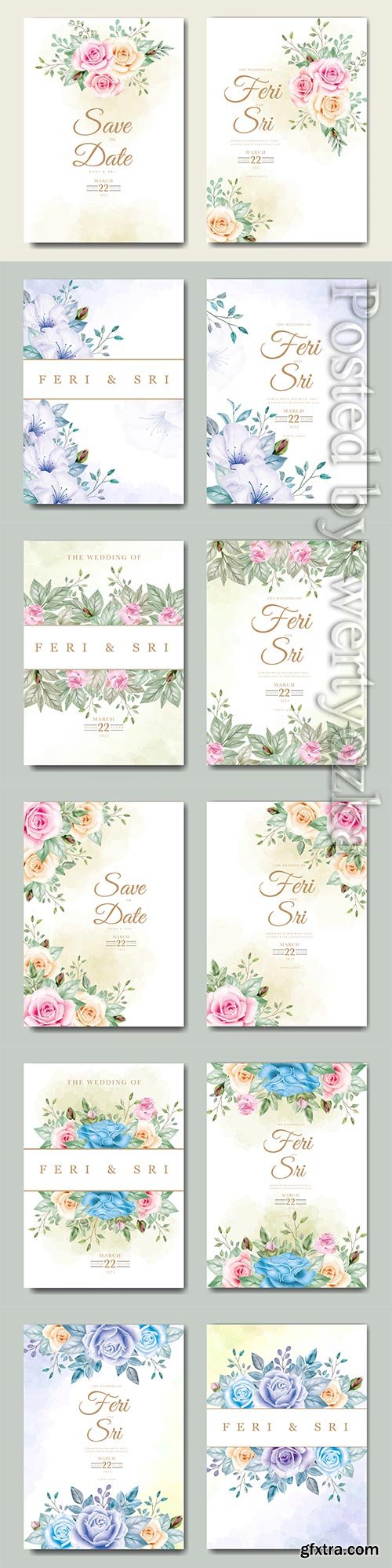 Beautiful wedding invitation vector card with floral watercolor