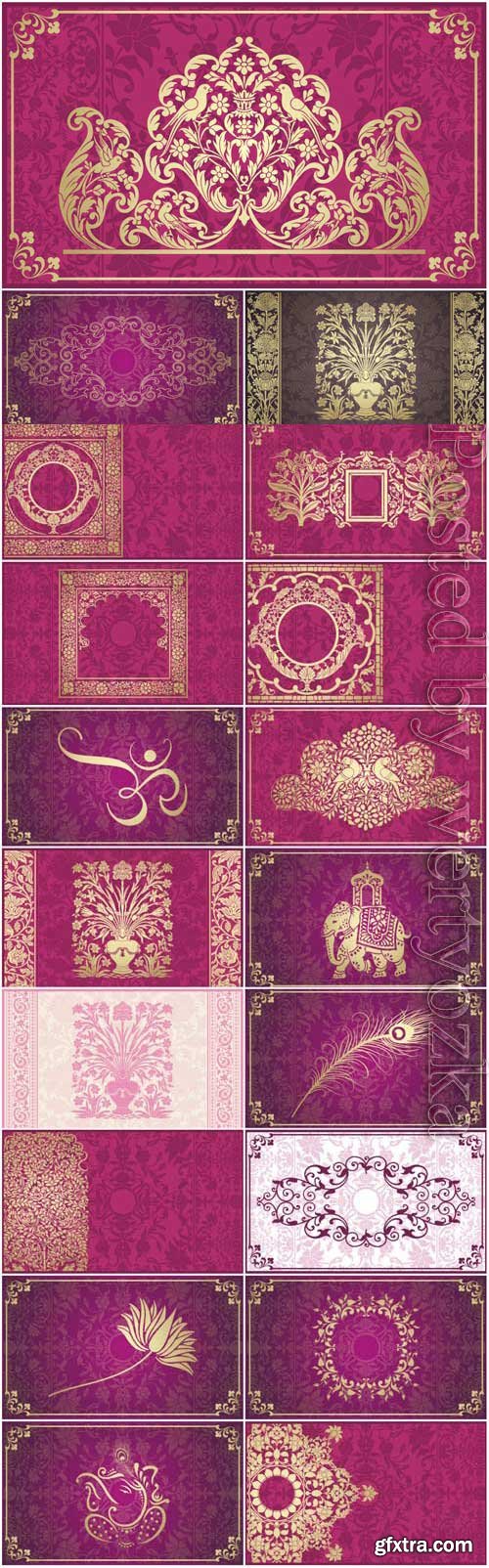 Pink indian backgrounds with gold ornaments in vector Pink indian backgrounds with gold ornaments in vector