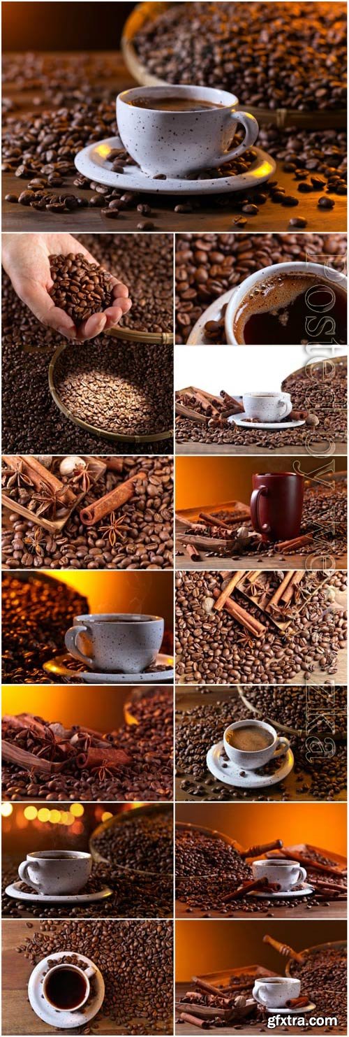 Cup with coffee on the background of coffee beans stock photo Cup with coffee on the background of coffee beans stock photo
