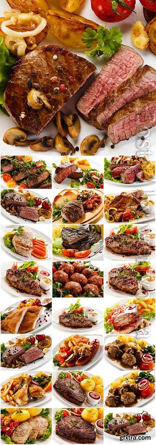 Meat dishes with garnish on white background stock photo