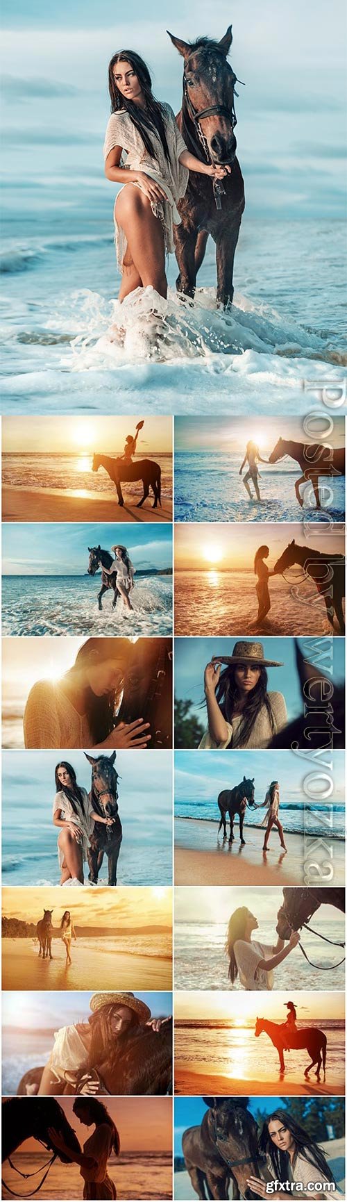 Girl with horse on the sea stock photo Girl with horse on the sea stock photo