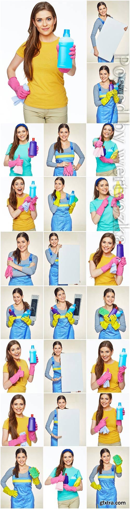 Cleaning service, girl with cleaning products stock photo Cleaning service, girl with cleaning products stock photo